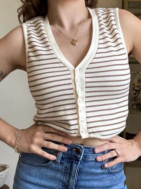 Striped Cream and Light Brown Button-Front Knit Crop Top